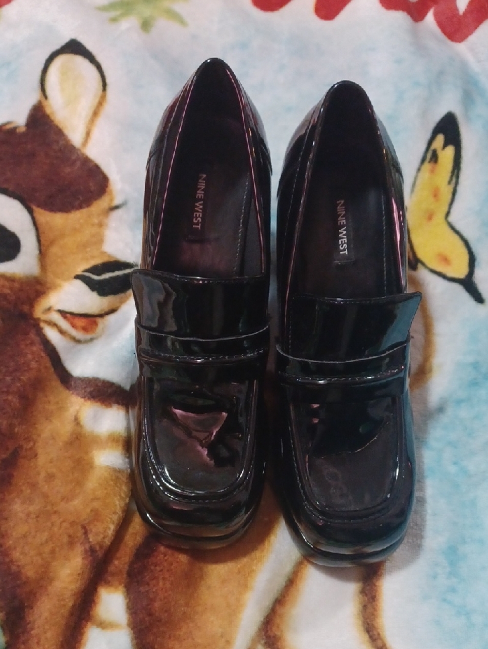 Nine West Shiny Black Patent Block Heel Loafers - Picture 2 of 4